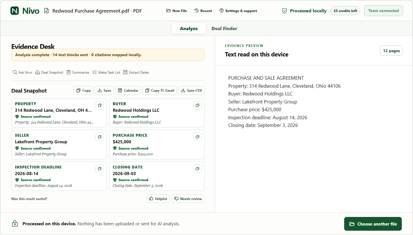 Actual Nivo desktop interface showing a synthetic purchase agreement and its source-linked deal snapshot